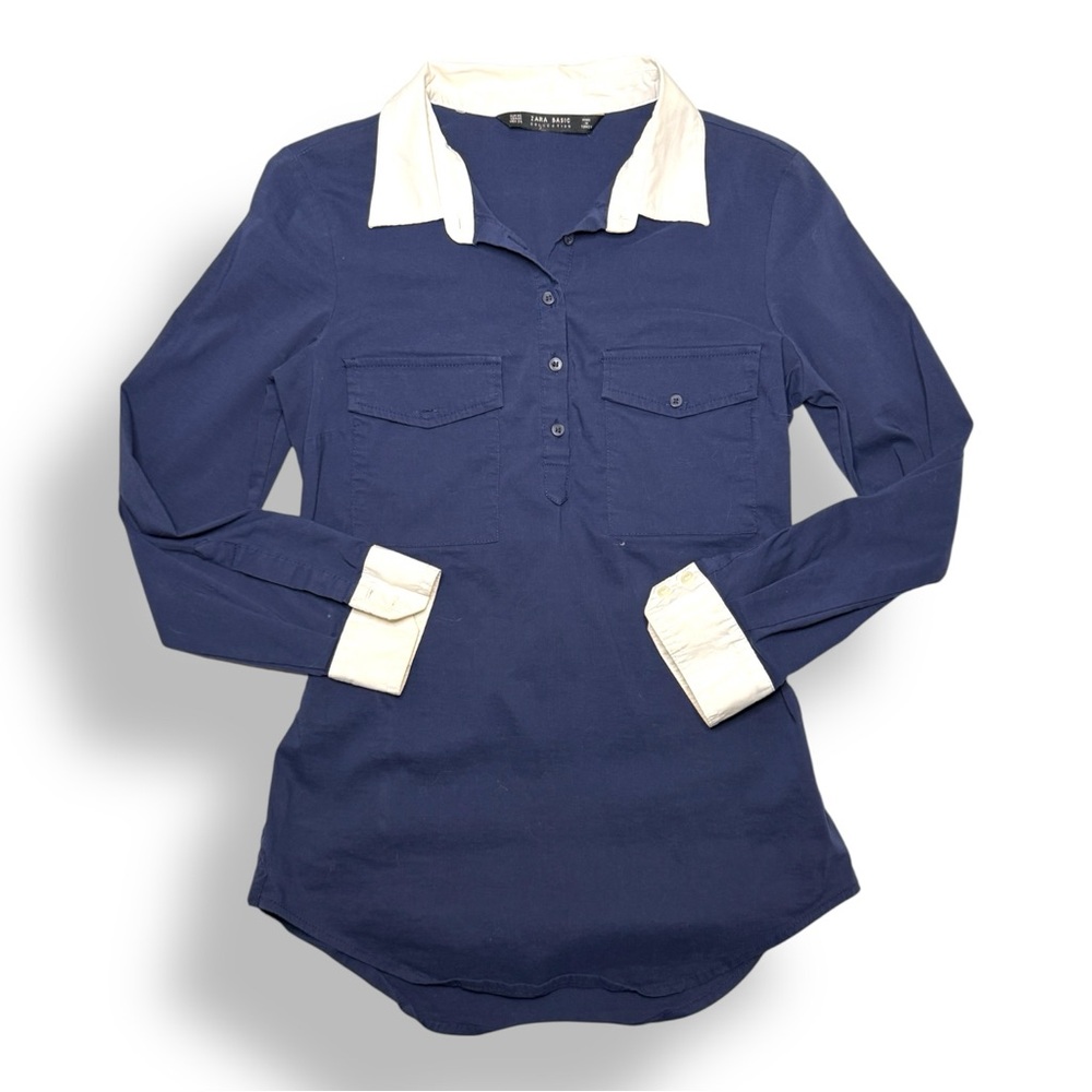 Zara Navy Blouse with White Collar